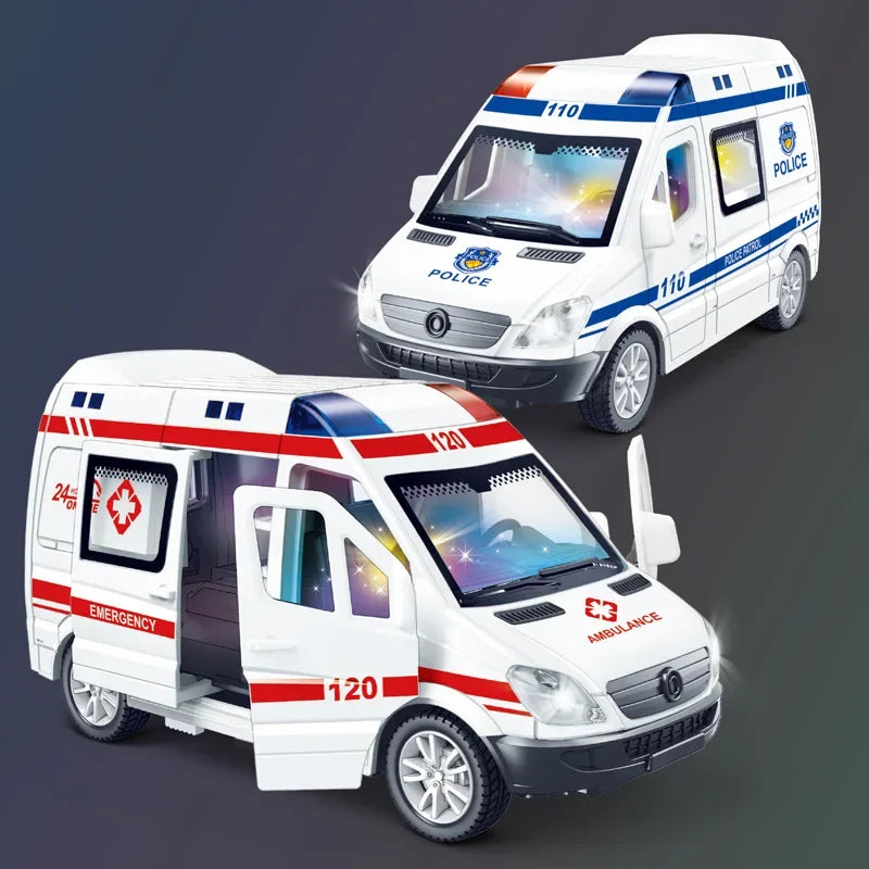 1:32 mini carro ambulância caminhão de bombeiros modelo policial som e luz